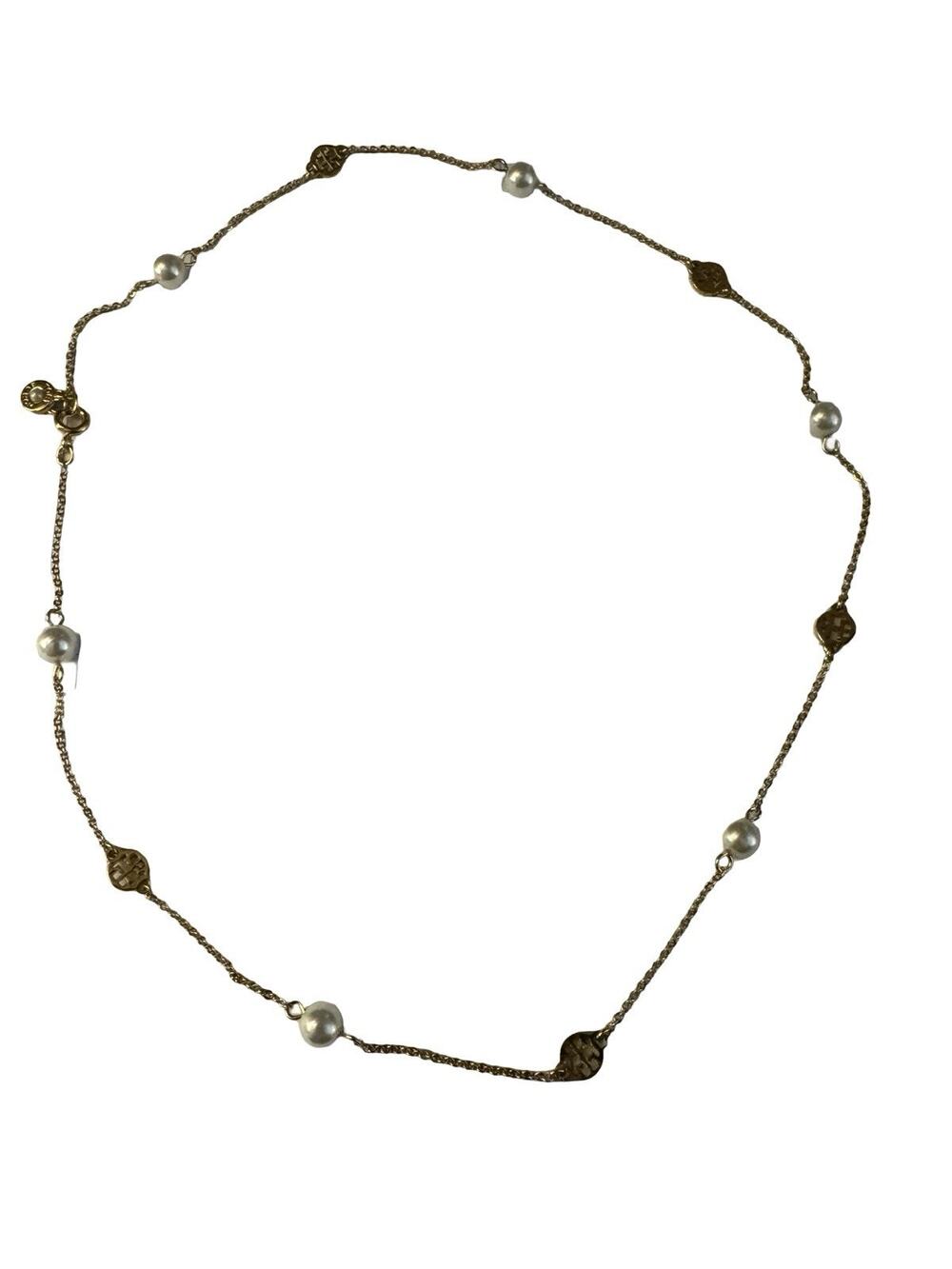 Tory Burch Pearl Chain Necklace Gold Tone Logo Station NWT $98 60271